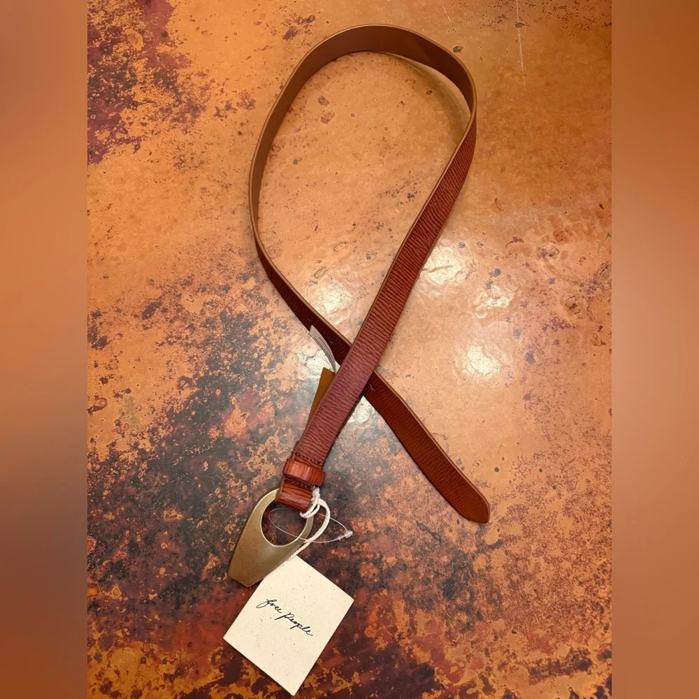 Free People Myra‎ Washed Brown Leather Belt w/ Brass Plaqued Buckle NWT